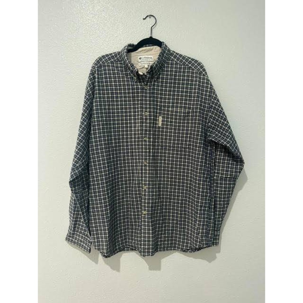 Columbia Sportswear Mens XL Plaid Button Down Shirt Navy Blue Tan Cotton L/S